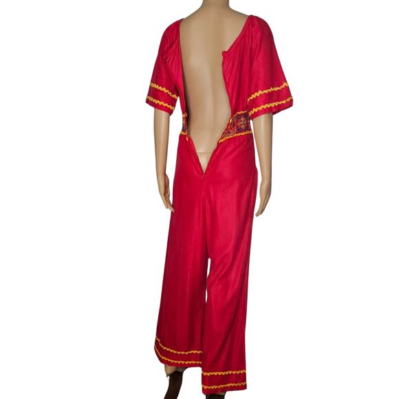 1990s Embroidered Red Katz Culotte Short Sleeve Romper Long Back Zipper Size Sm - Picture 7 of 14